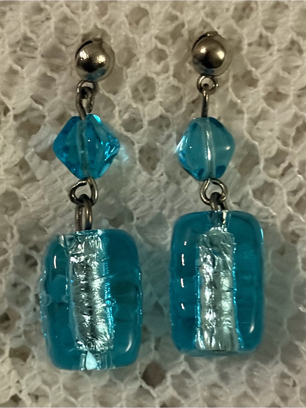 🩵Vintage Artisan Aqua Blue Silver Foil Glass Dangle Earrings 70s/80s🩵